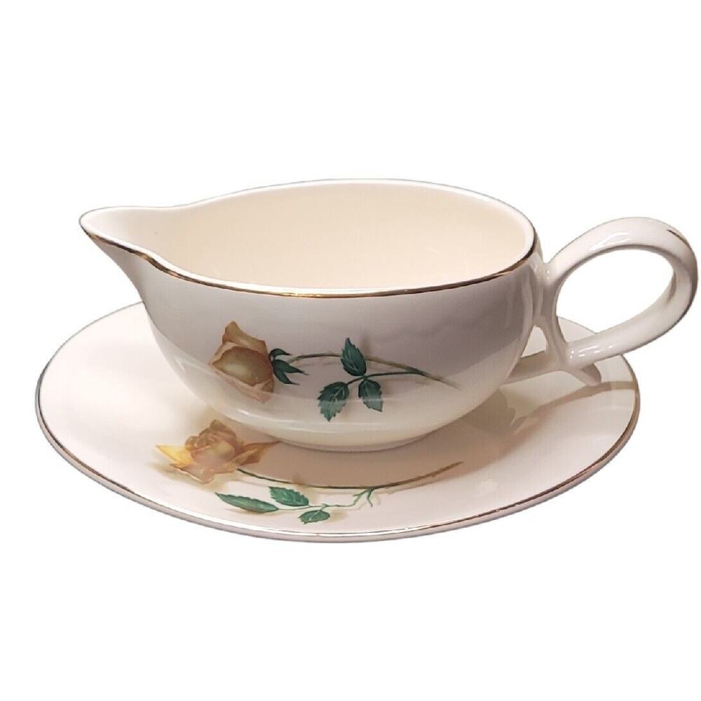 VTG Canonsburg Gravy Boat w/ Underplate Floral Yellow Trim White China GUC